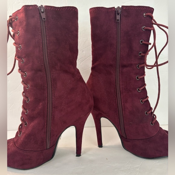 FASHION NOVA Burgundy Suede Lace-Up Stiletto Boots Size 6.5 - Picture 4 of 10